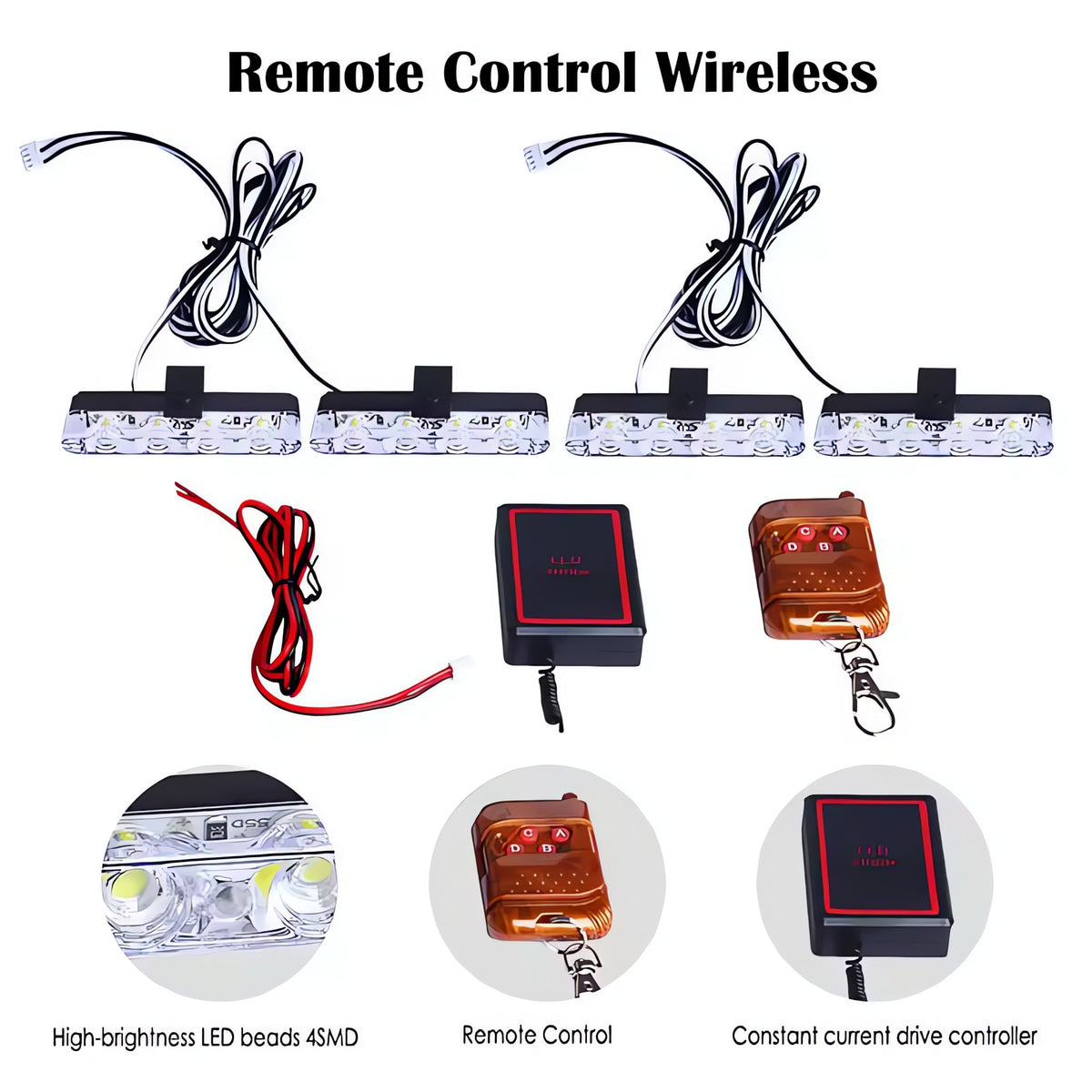 4-Piece Remote Control LED Car & Bike Grill Flasher – 16 LED Lights
