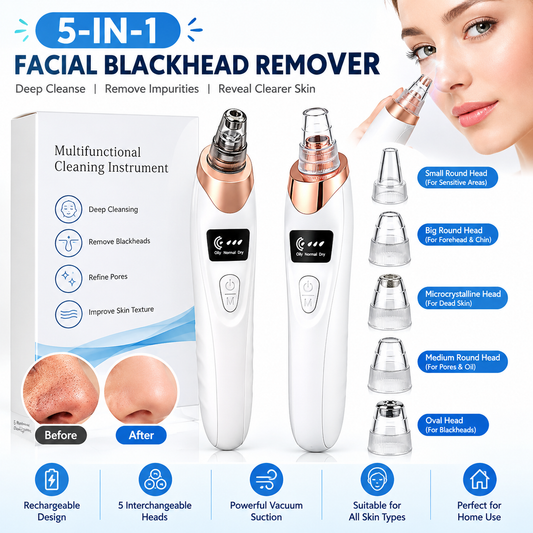 5-in-1 Facial Blackhead Remover | Rechargeable Pore Vacuum with 5 Interchangeable Heads