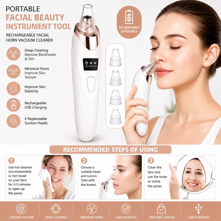 5-in-1 Facial Blackhead Remover | Rechargeable Pore Vacuum with 5 Interchangeable Heads